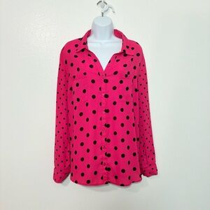 NY Collection Fuchsia & Black Classic Playful Polka Dot Button Down  Shirt SzXL